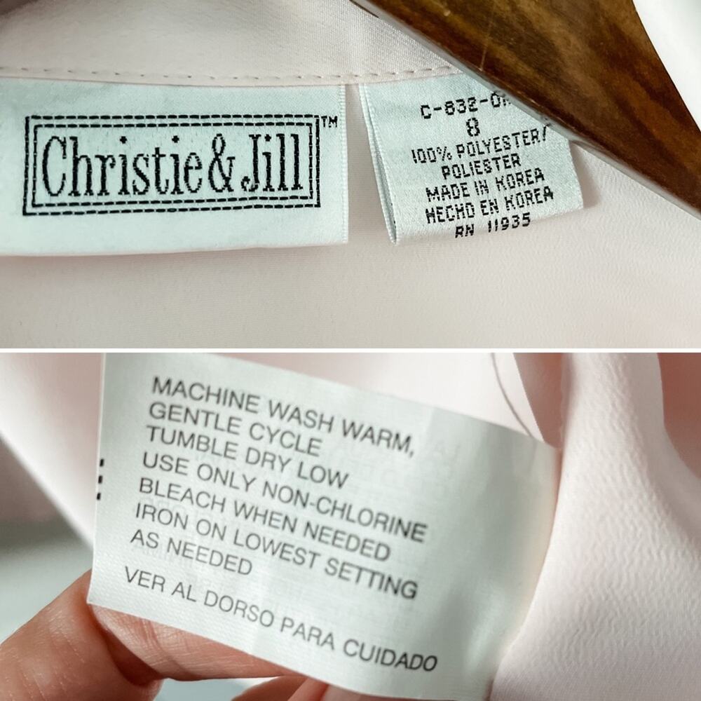 Christie & Jill Vintage Blush Pink Pintuck Secretary Blouse Pearl Chain Size 8 - Picture 8 of 9